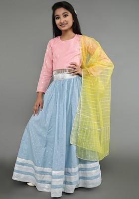 Turquoise Blue Embroidered Blended Lehenga Choli For Girls