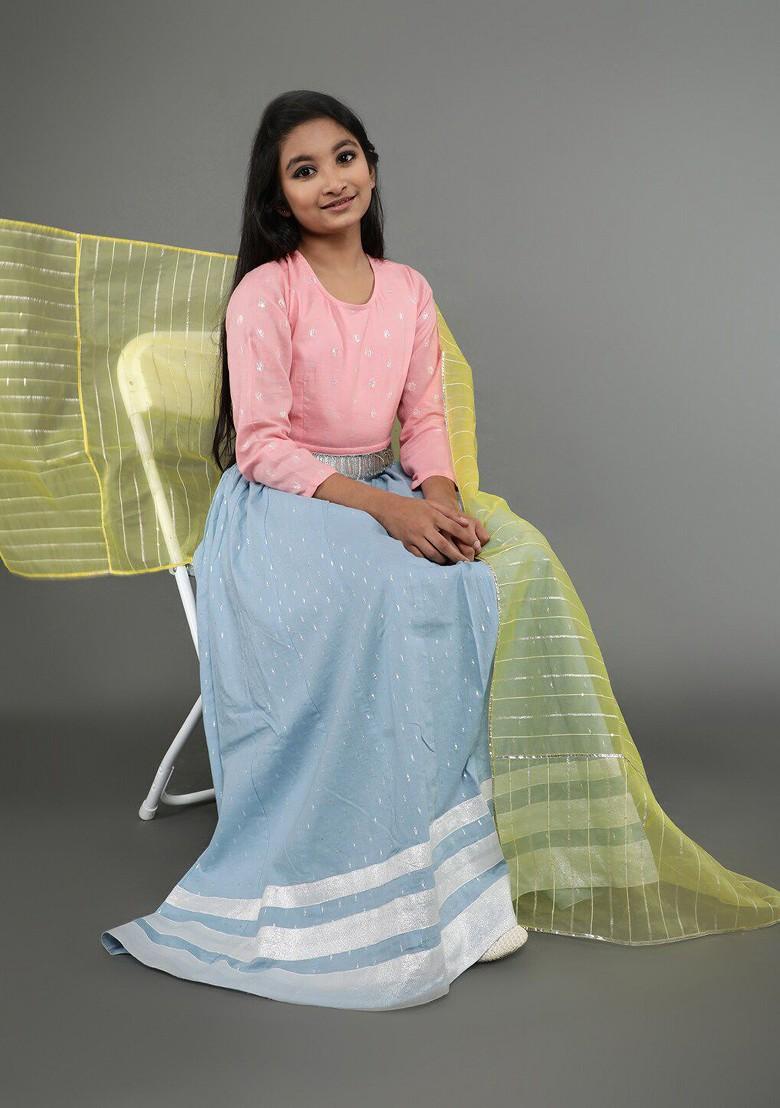 Turquoise Blue Embroidered Blended Lehenga Choli For Girls - Indya