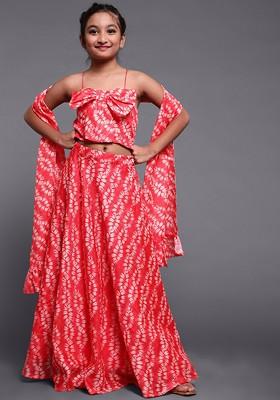 Red Printed Blended Lehenga Choli For Girls