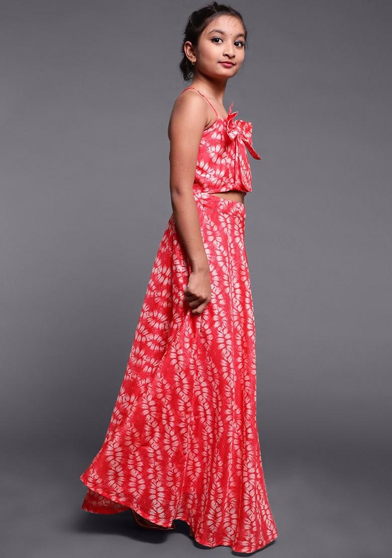 Red Printed Blended Lehenga Choli For Girls - Indya