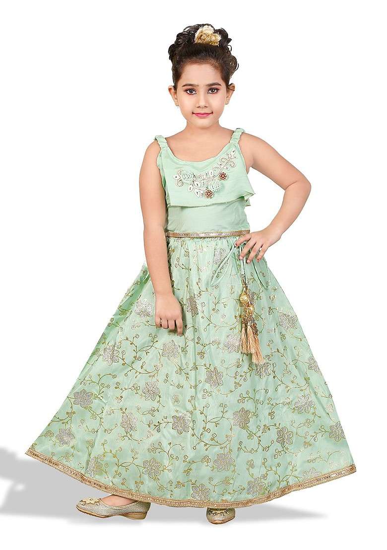 Green Embroidered Silk Lehenga Choli For Girls - Indya