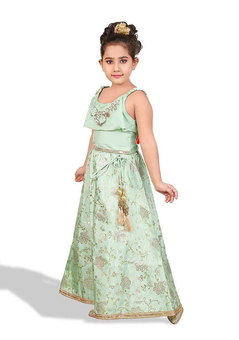Green Embroidered Silk Lehenga Choli For Girls - Indya
