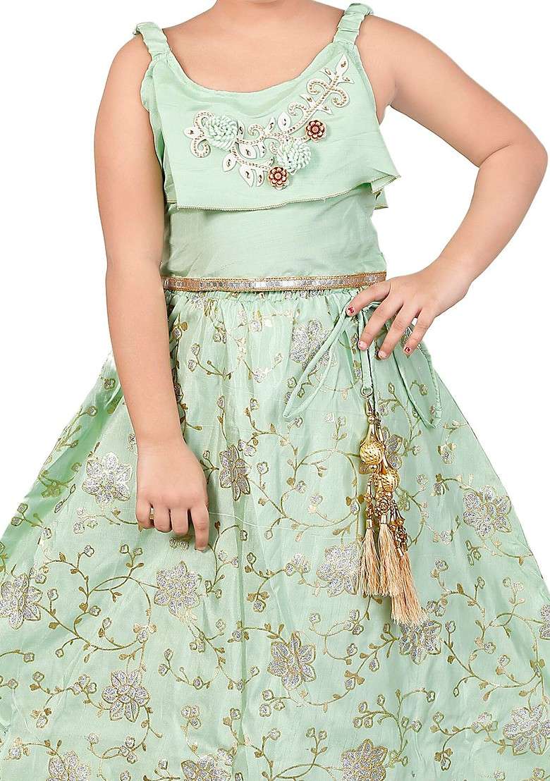 Green Embroidered Silk Lehenga Choli For Girls - Indya
