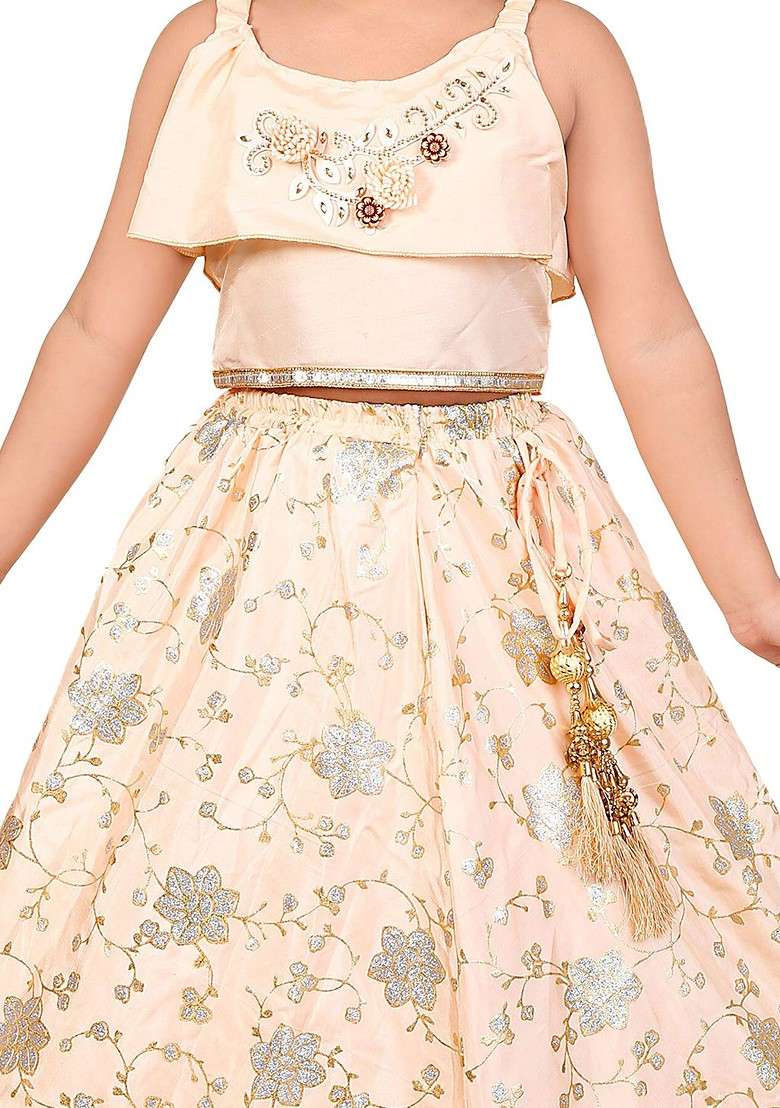 Peach Embroidered Blended Lehenga Choli For Girls - Indya