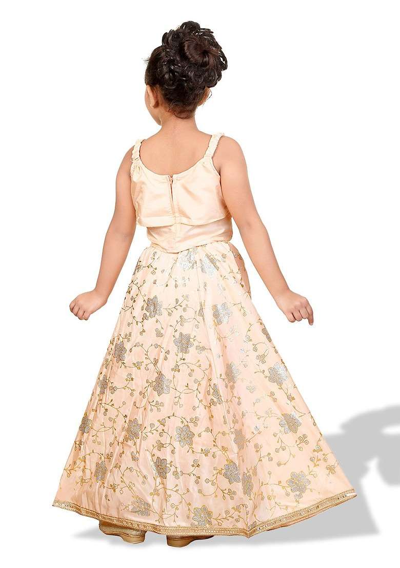 Peach Embroidered Blended Lehenga Choli For Girls - Indya