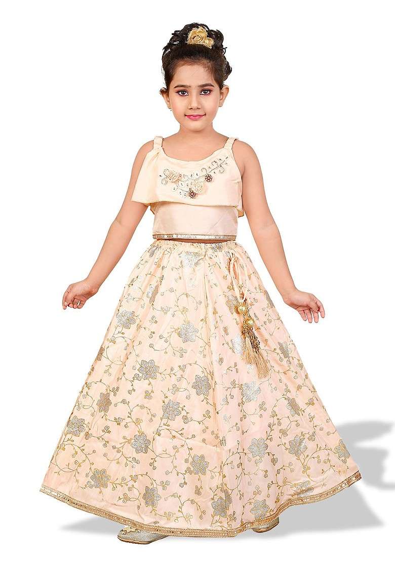 Peach Embroidered Blended Lehenga Choli For Girls - Indya