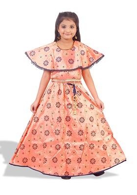 Peach Printed Blended Lehenga Choli For Girls