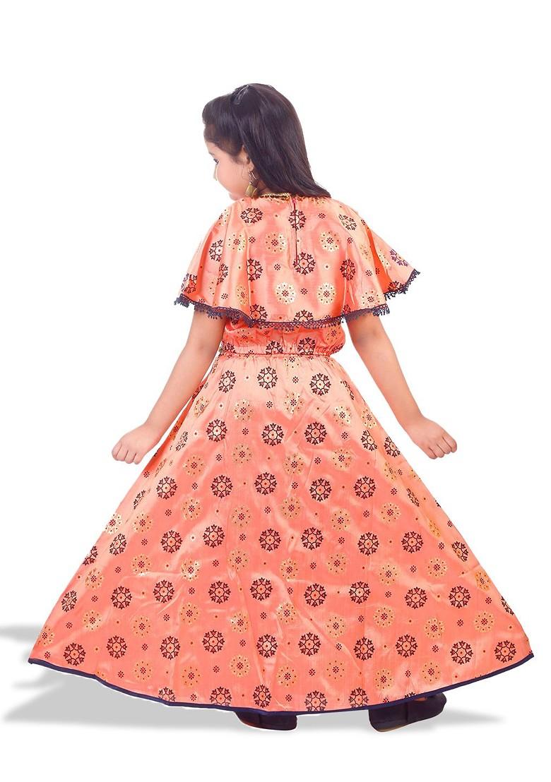 Peach Printed Blended Lehenga Choli For Girls - Indya
