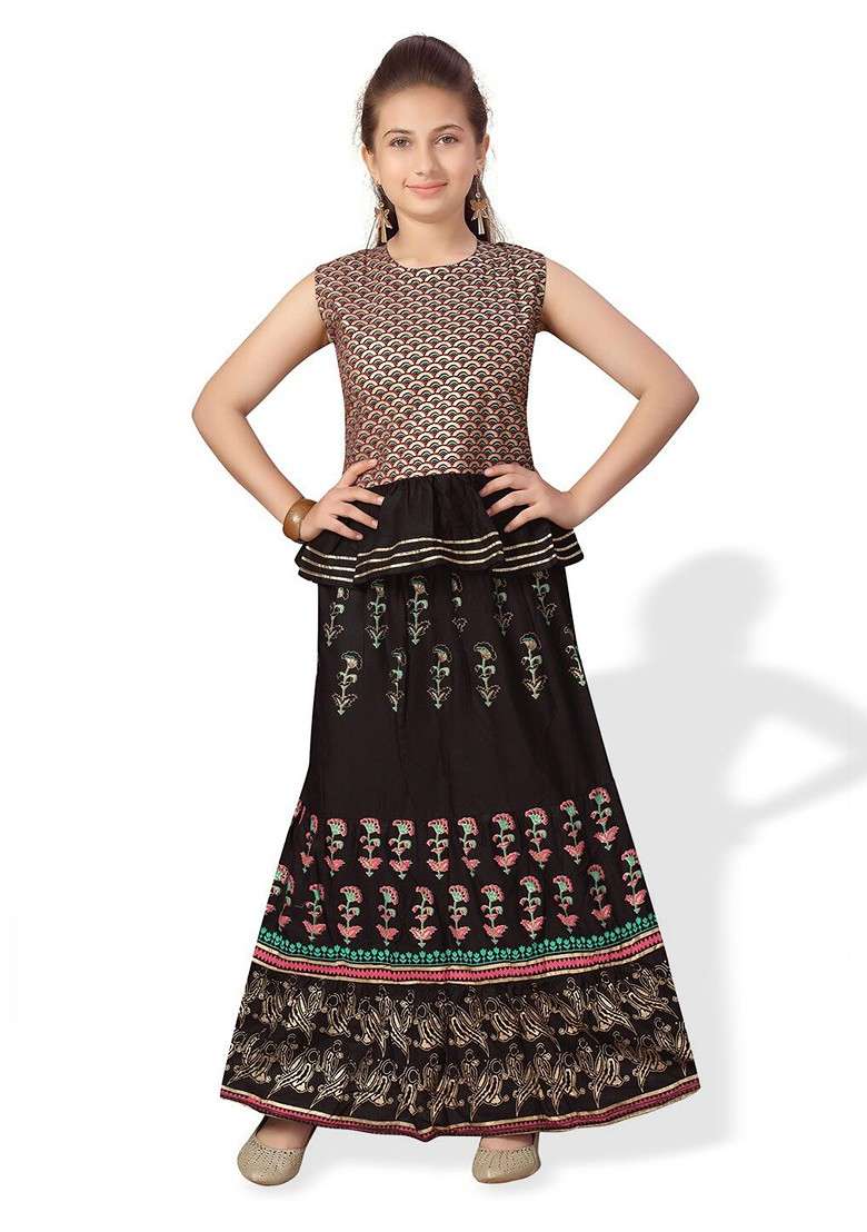 Black Embroidered Blended Lehenga Choli For Girls - Indya