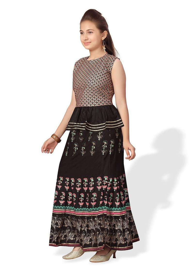 Black Embroidered Blended Lehenga Choli For Girls - Indya