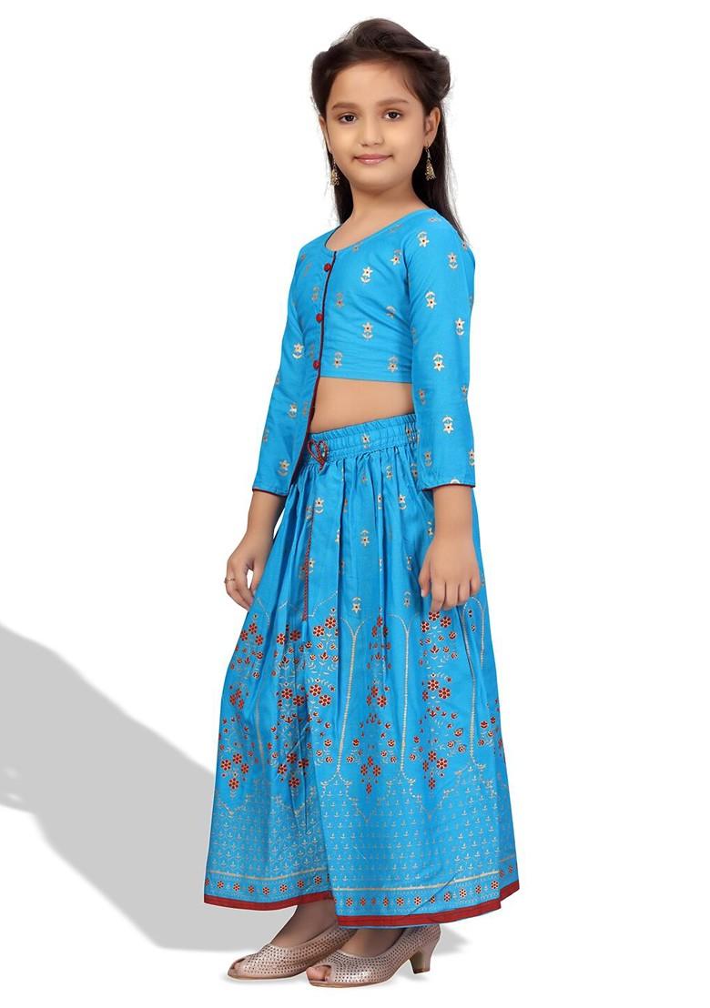 Turquoise Blue Printed Cotton Blend Lehenga Choli For Girls - Indya