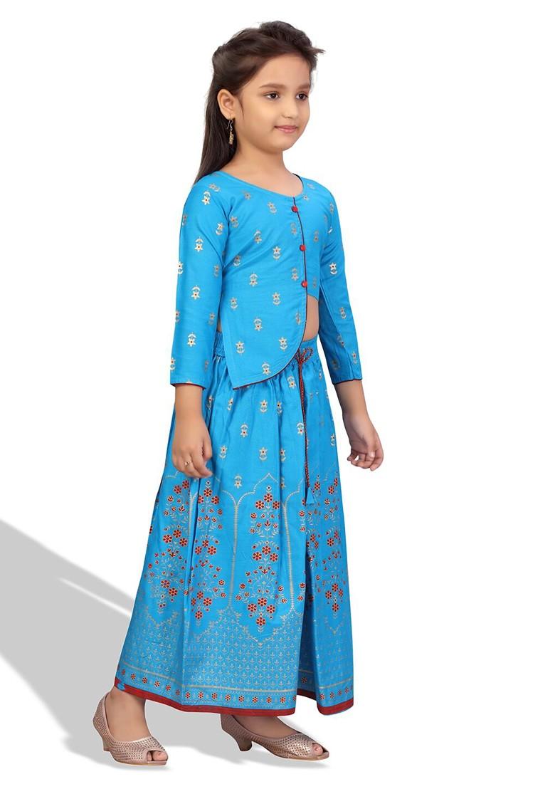 Turquoise Blue Printed Cotton Blend Lehenga Choli For Girls - Indya