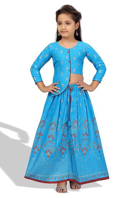 Turquoise Blue Printed Cotton Blend Lehenga Choli For Girls — view on Indya