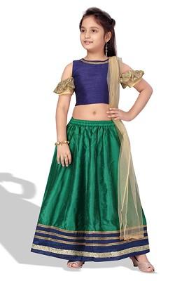Navy Blue Embroidered Silk Lehenga Choli For Girls