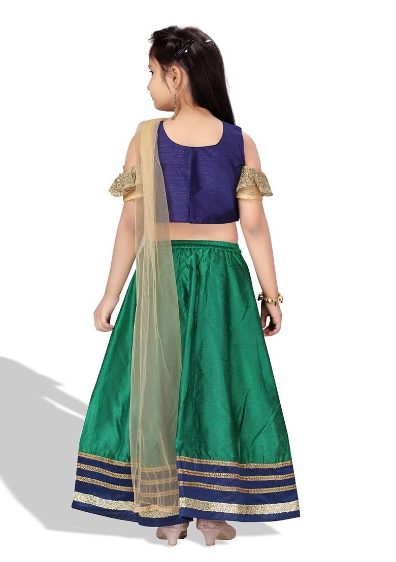 Navy Blue Embroidered Silk Lehenga Choli For Girls - Indya
