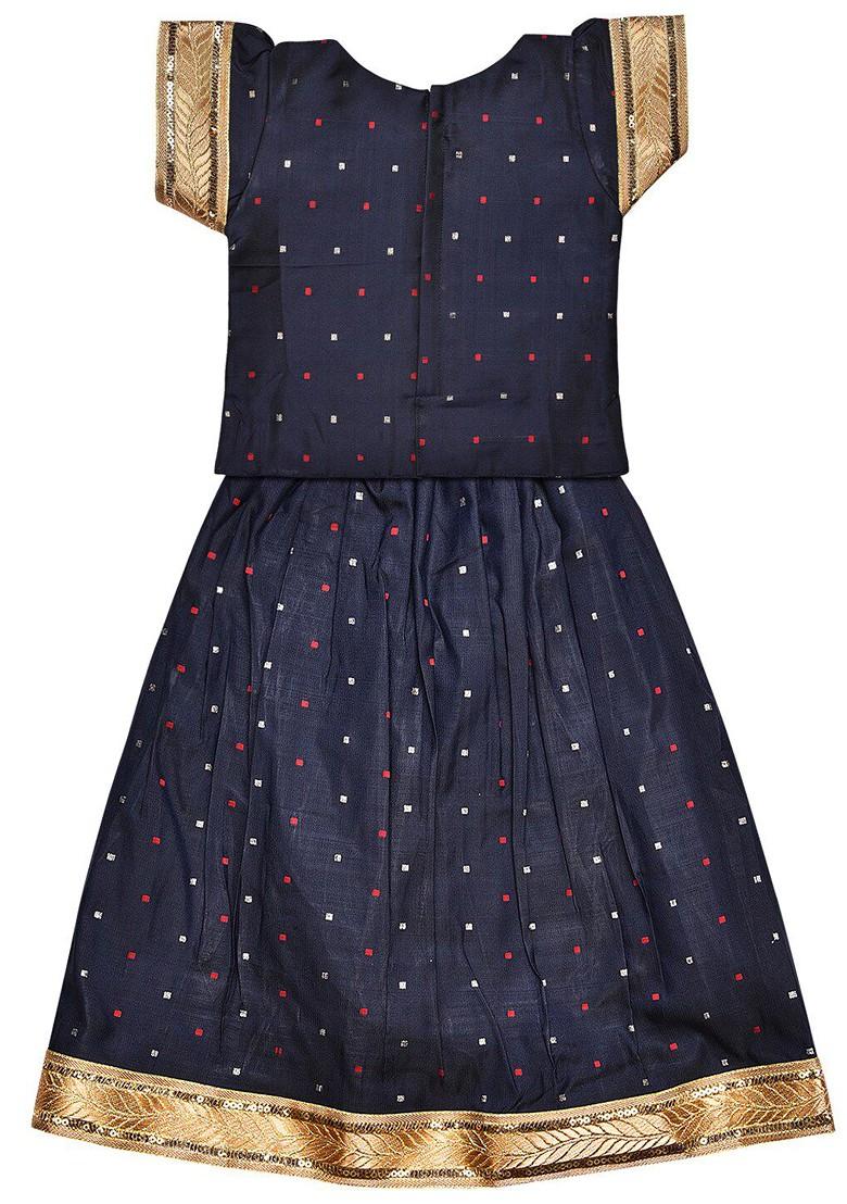 Navy Blue Embroidered Blended Lehenga Choli For Girls - Indya