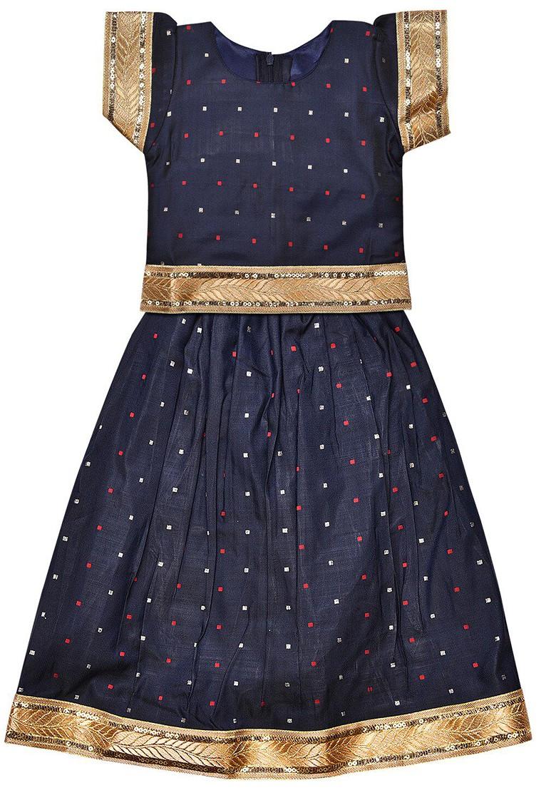 Navy Blue Embroidered Blended Lehenga Choli For Girls - Indya