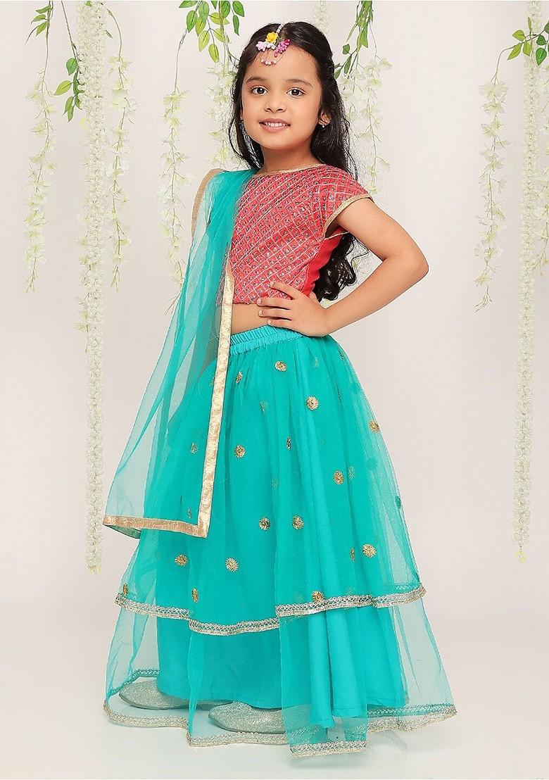 Peach Embroidered Blended Lehenga Choli For Girls - Indya