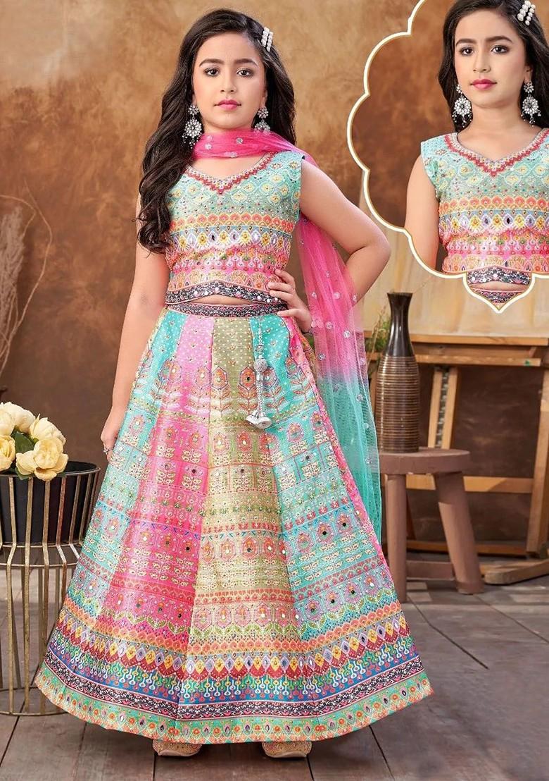 Blue Printed Blended Lehenga Choli For Girls - Indya