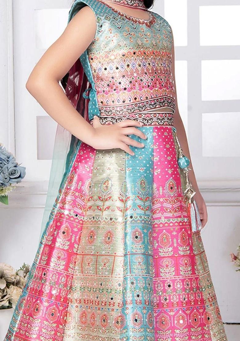 Blue Printed Blended Lehenga Choli For Girls - Indya