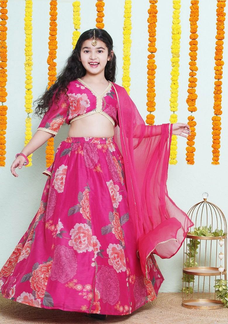 Pink Printed Blended Lehenga Choli For Girls - Indya