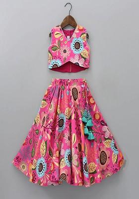 Pink Printed Blended Lehenga Choli For Girls