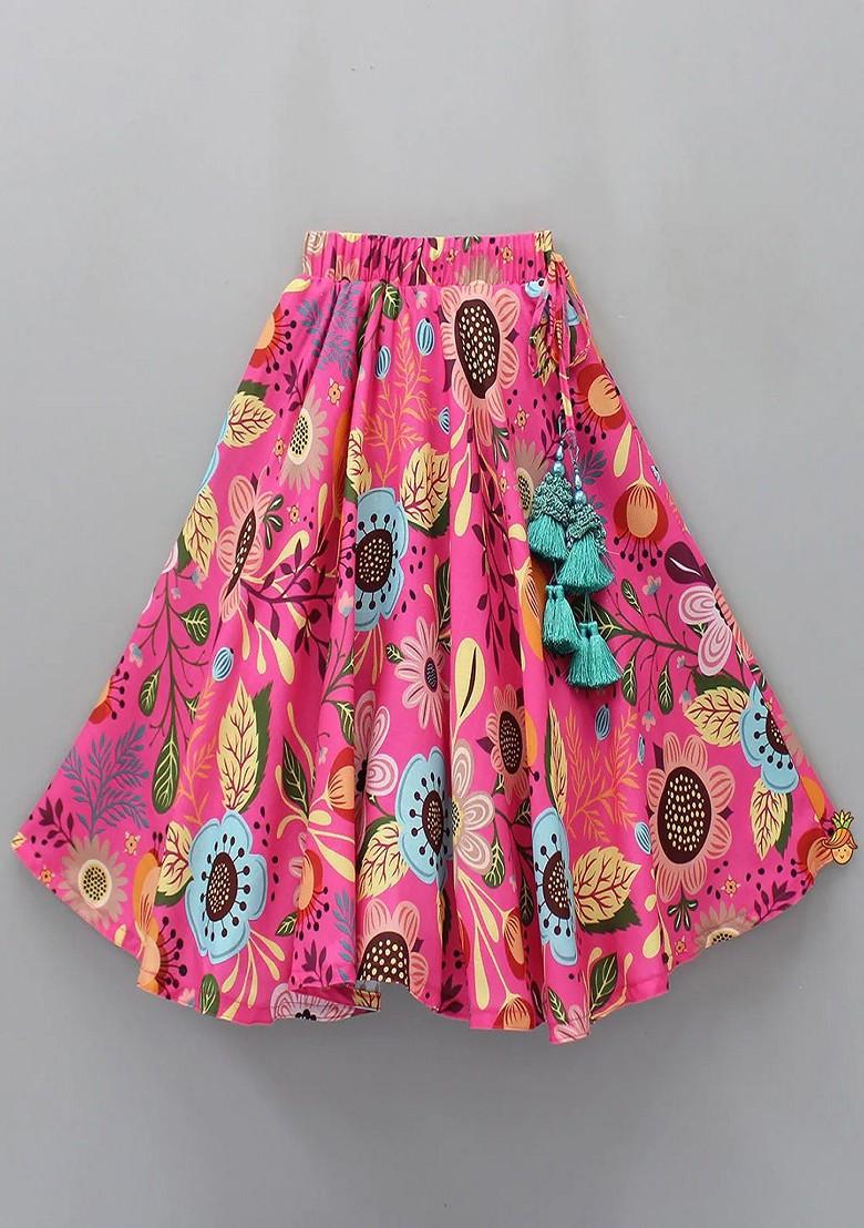 Pink Printed Blended Lehenga Choli For Girls - Indya