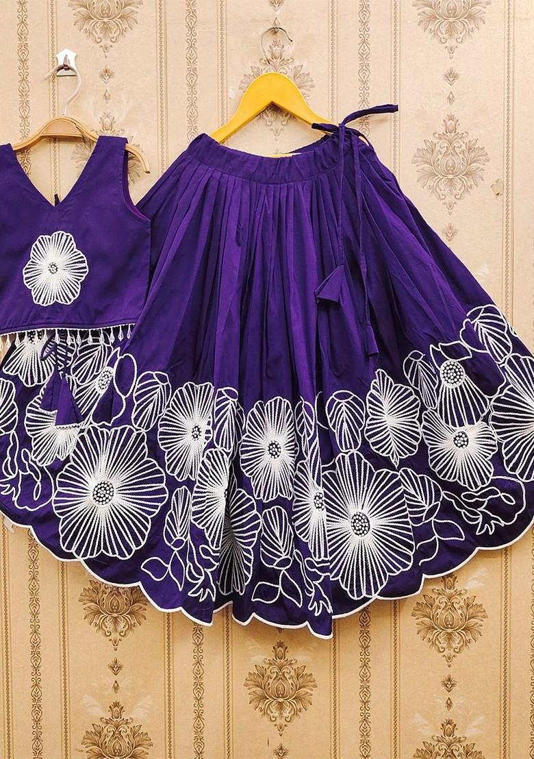 Violet Embroidered Blended Lehenga Choli For Girls - Indya
