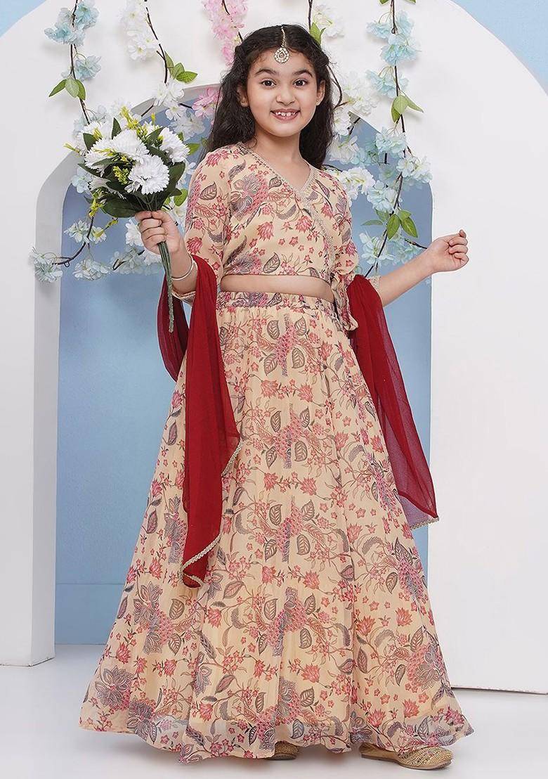 Beige Printed Blended Lehenga Choli For Girls - Indya