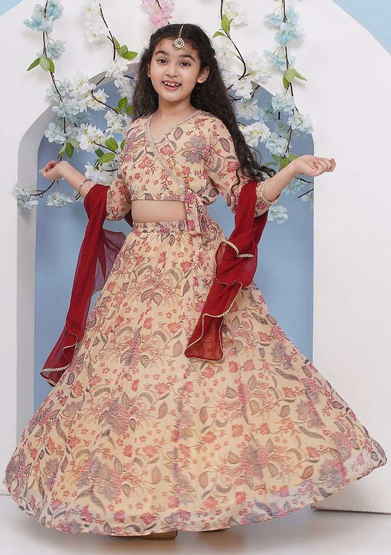 Beige Printed Blended Lehenga Choli For Girls - Indya