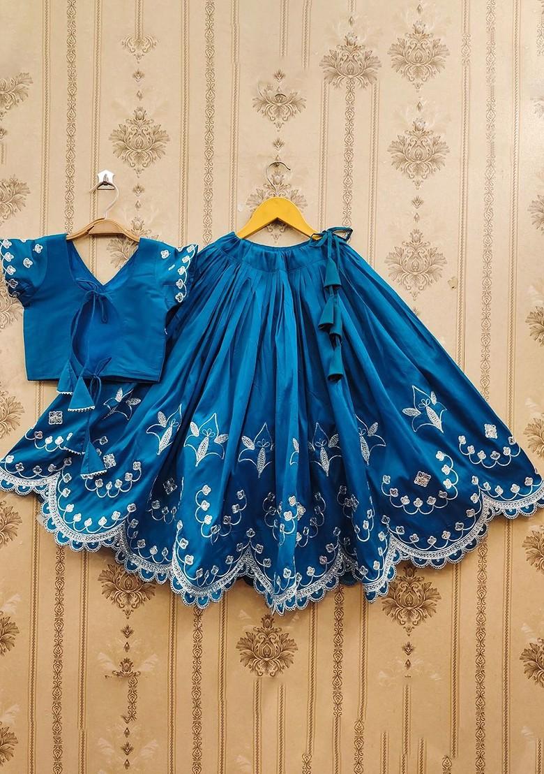Teal Embroidered Silk Lehenga Choli For Girls - Indya