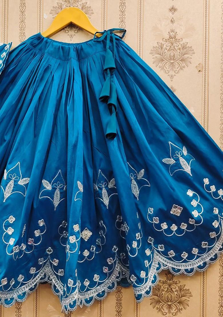 Teal Embroidered Silk Lehenga Choli For Girls - Indya