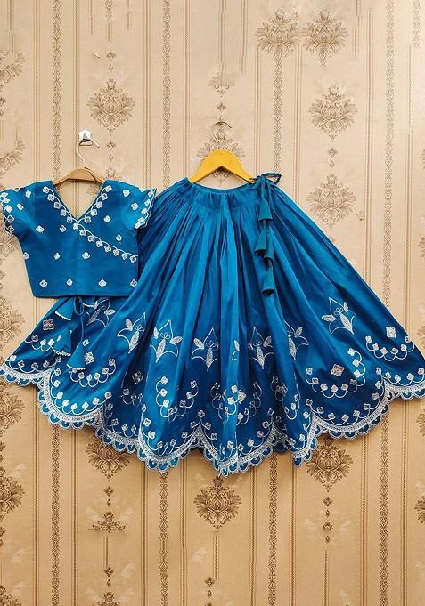 Teal Embroidered Silk Lehenga Choli For Girls — view on Indya