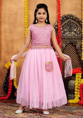 Pink Embroidered Blended Lehenga Choli For Girls