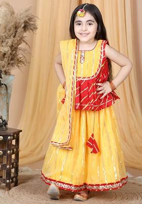 Yellow Printed Blended Lehenga Choli For Girls
