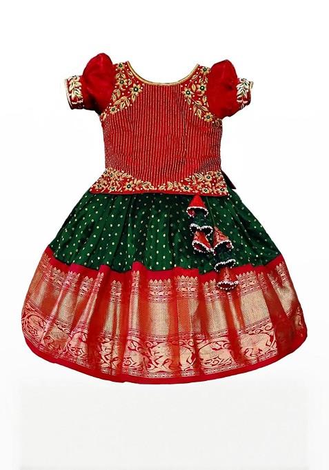 Red Embroidered Blended Lehenga Choli For Girls