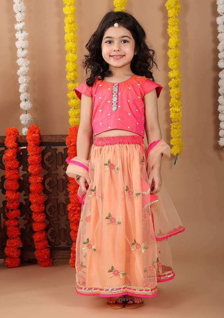 Peach Embroidered Blended Lehenga Choli For Girls - Indya
