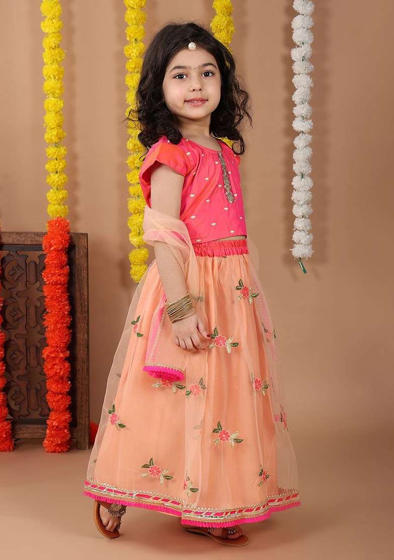 Peach Embroidered Blended Lehenga Choli For Girls - Indya