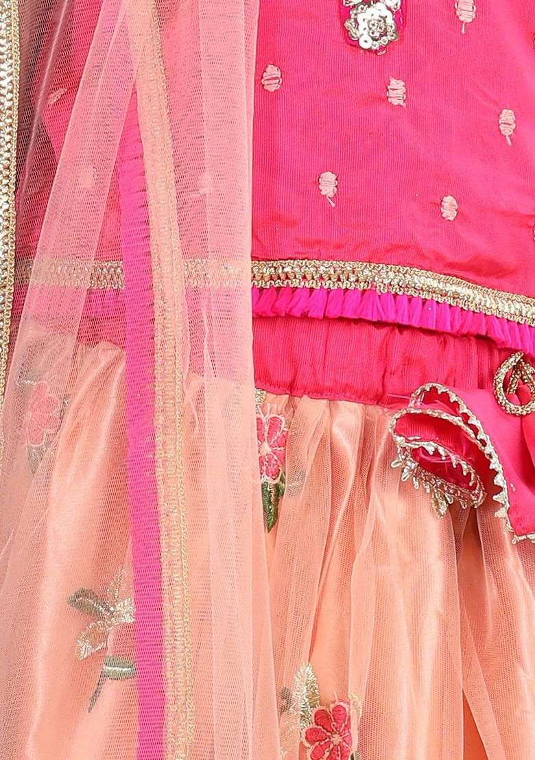 Peach Embroidered Blended Lehenga Choli For Girls - Indya