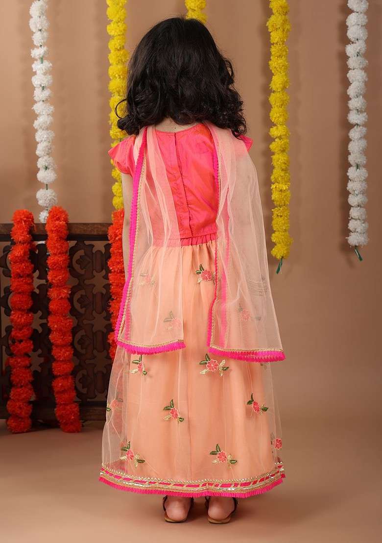 Peach Embroidered Blended Lehenga Choli For Girls - Indya