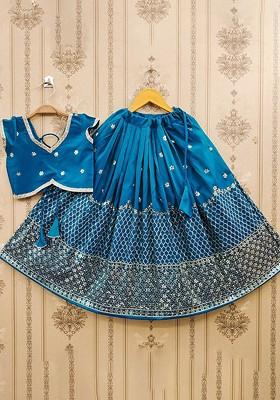 Turquoise Blue Embroidered Blended Lehenga Choli For Girls