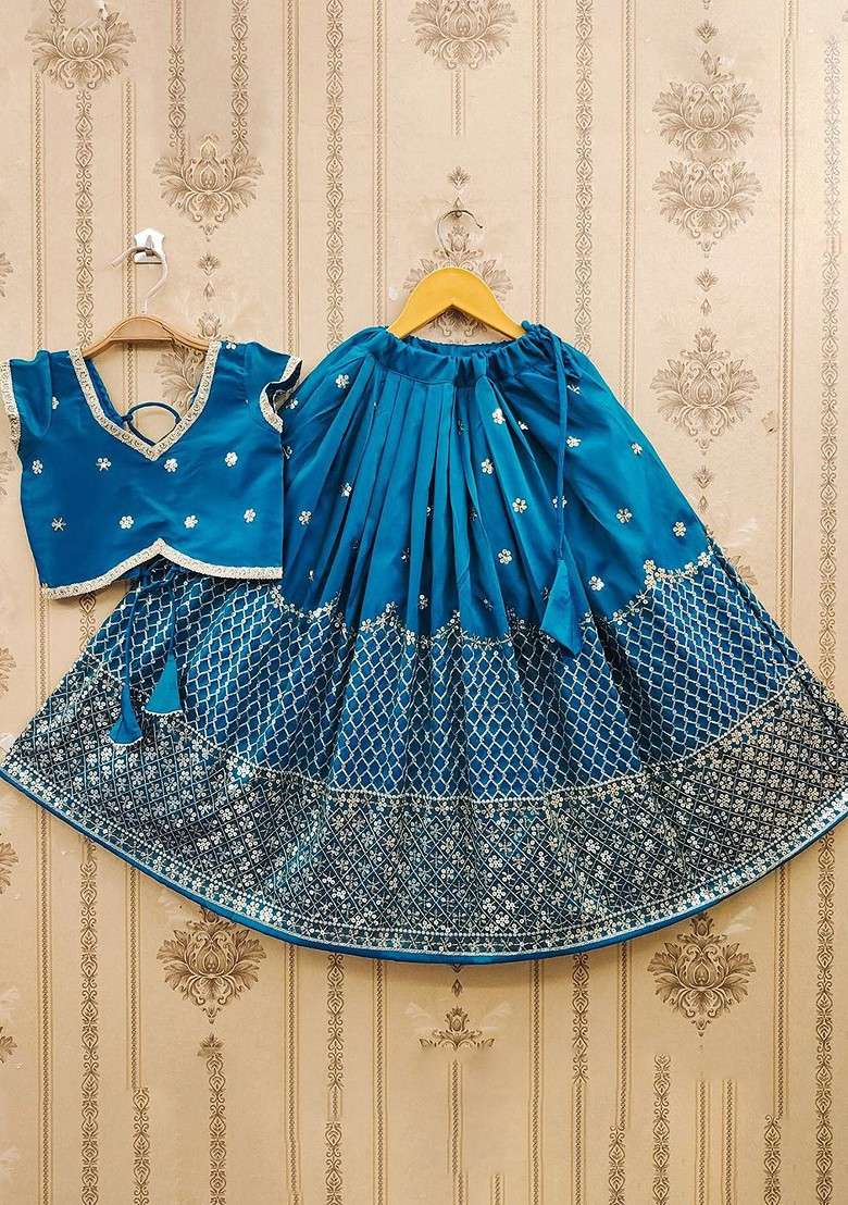 Turquoise Blue Embroidered Blended Lehenga Choli For Girls - Indya