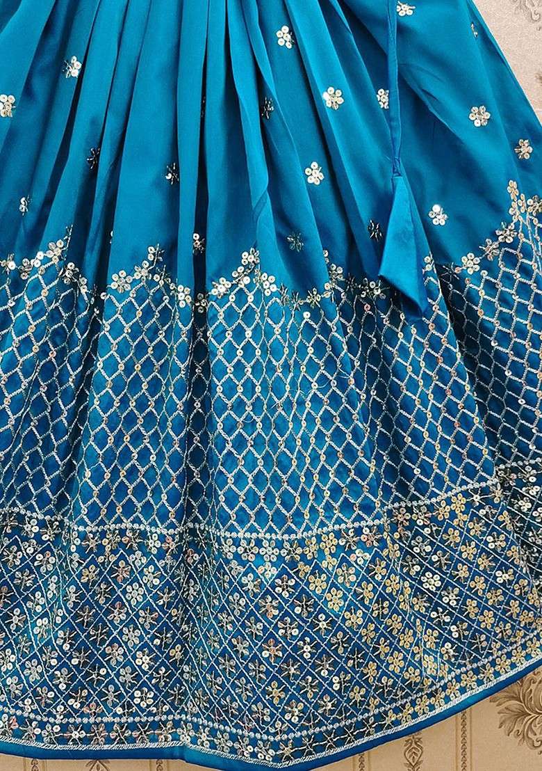 Turquoise Blue Embroidered Blended Lehenga Choli For Girls - Indya