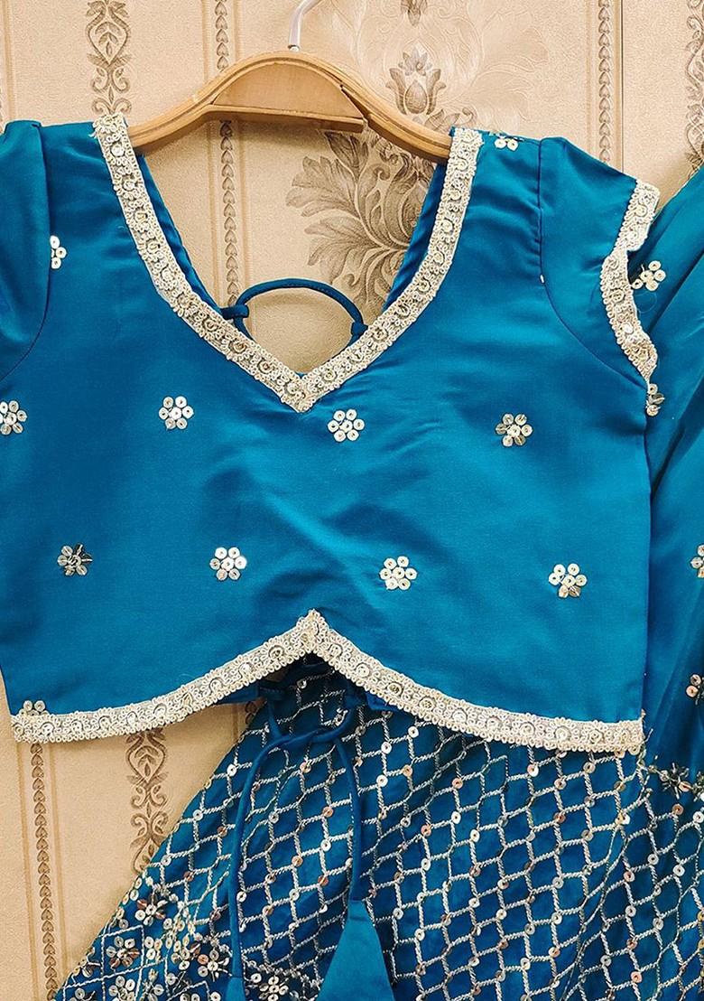 Turquoise Blue Embroidered Blended Lehenga Choli For Girls - Indya