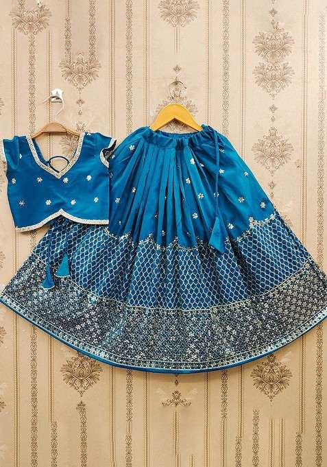 Turquoise Blue Embroidered Blended Lehenga Choli For Girls