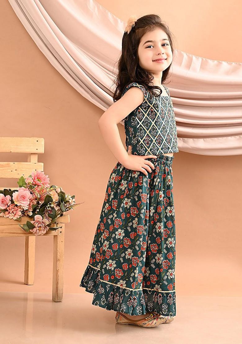 Blue Printed Blended Lehenga Choli For Girls - Indya