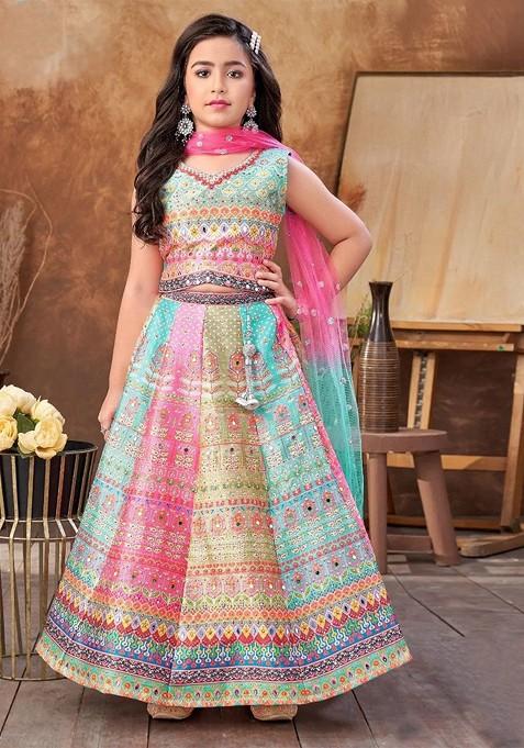 Blue Printed Blended Lehenga Choli For Girls — view on Indya