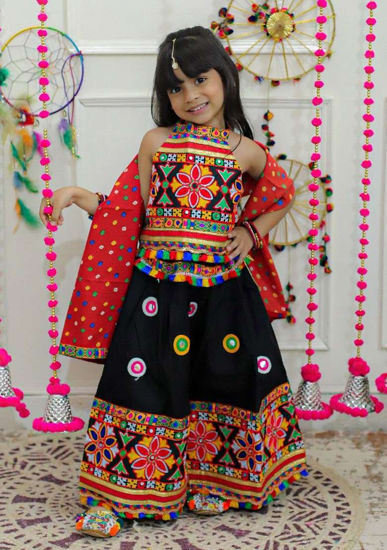 Black Embroidered Cotton Blend Lehenga Choli For Girls - Indya