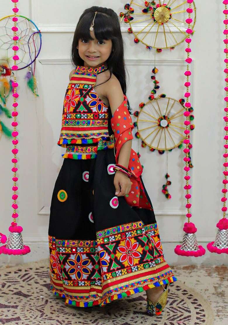 Black Embroidered Cotton Blend Lehenga Choli For Girls - Indya