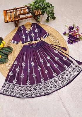 Purple Embroidered Blended Lehenga Choli For Girls